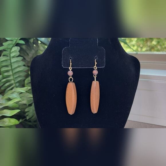 Geometric Wooden Dangle Earrings – Boho Gold Tone Statement Drops - Picture 5 of 9